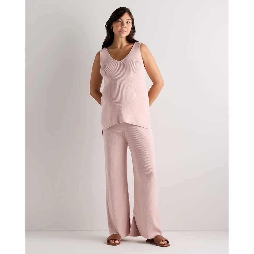 Quince Cotton Cashmere Maternity Wide Leg Pant & V-Neck Tank Set Stone Sugar NWT